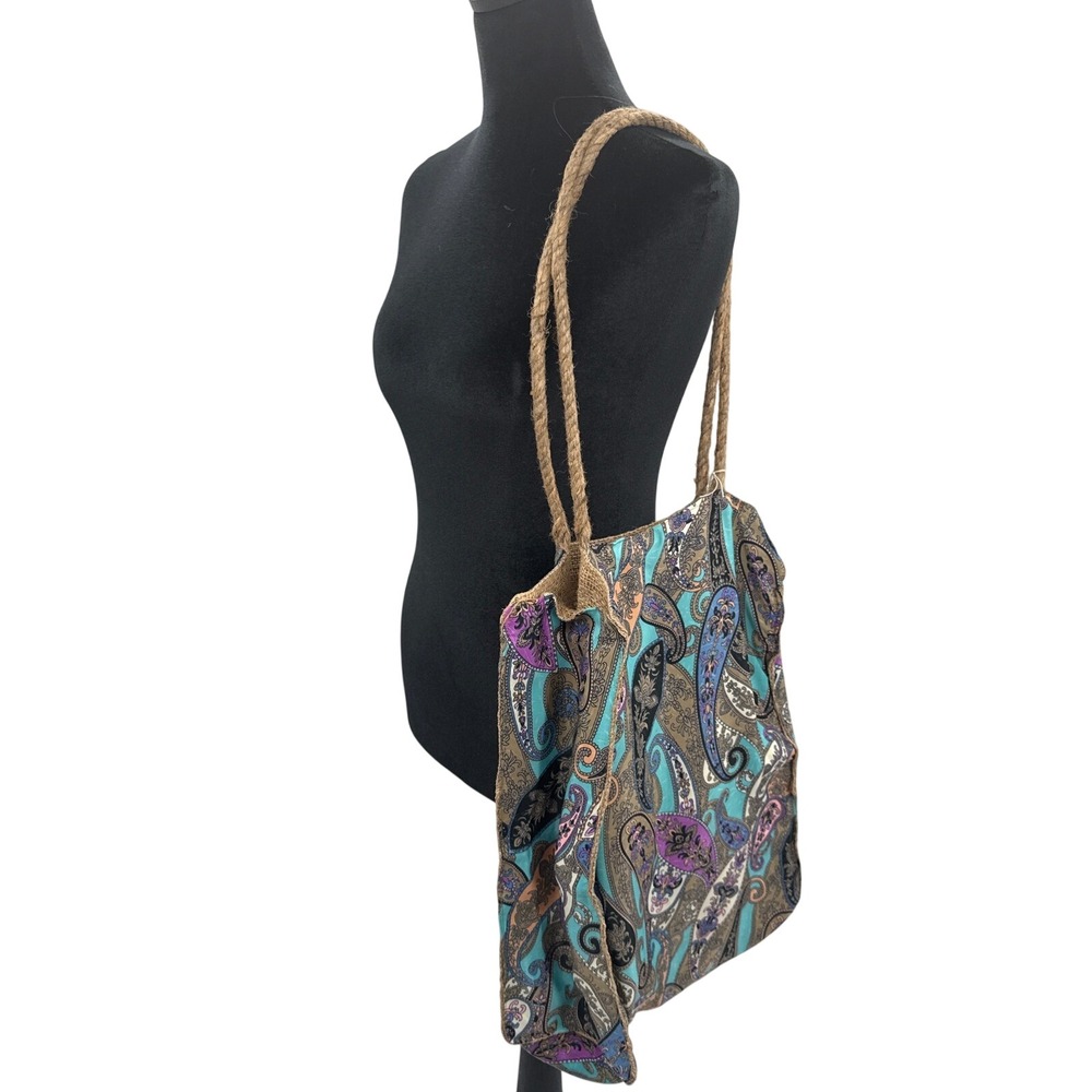 Karma Highway Boho Paisley Tote Bag Turquoise Purple Rope Handle NWT
